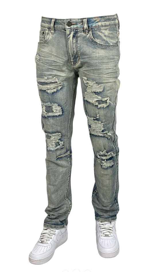 Men's medium blue distressed skinny jeans, ripped blue jeans for men, urban wash denim