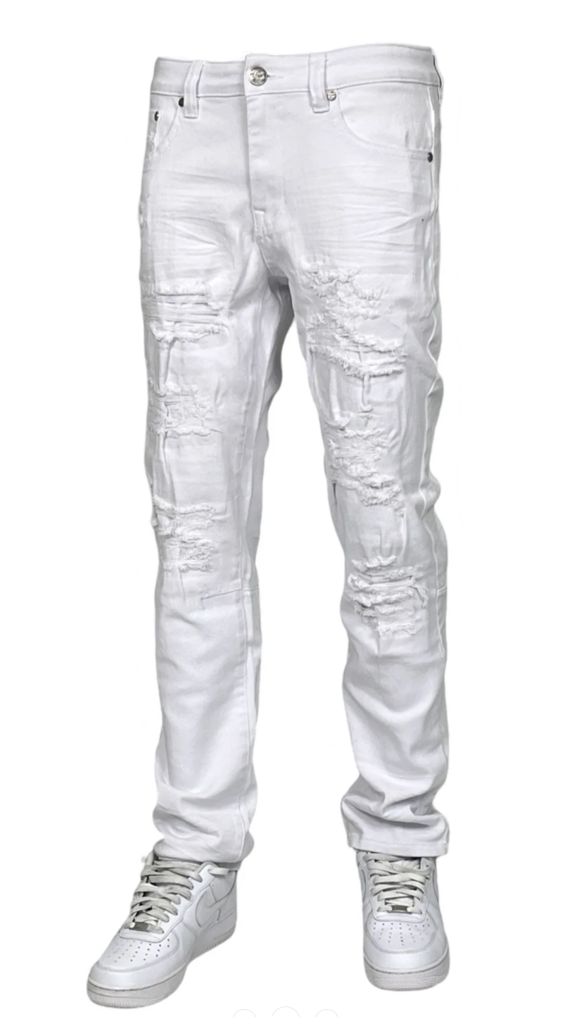 Men's white distressed skinny jeans, ripped blue jeans for men, urban wash denim