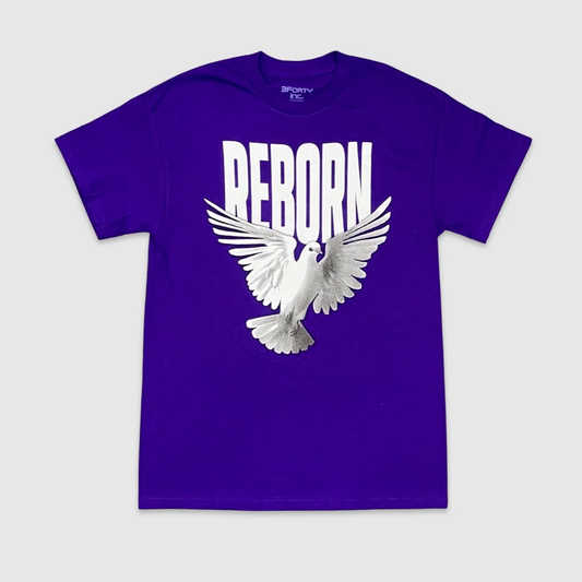 Purple Reborn Dove Graphic Tee with bold white lettering and dove print