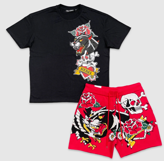 Black Rebel t-shirt with panther, skull, and rose graphic paired with red knit shorts featuring matching skull, rose, and panther designs.