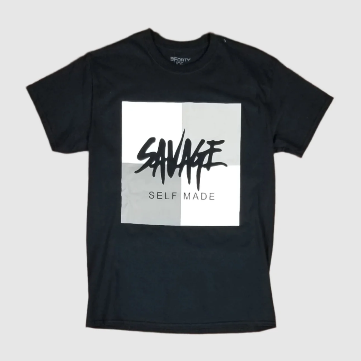 Black t-shirt with gray and white block design and "Savage Self Made" graphic print