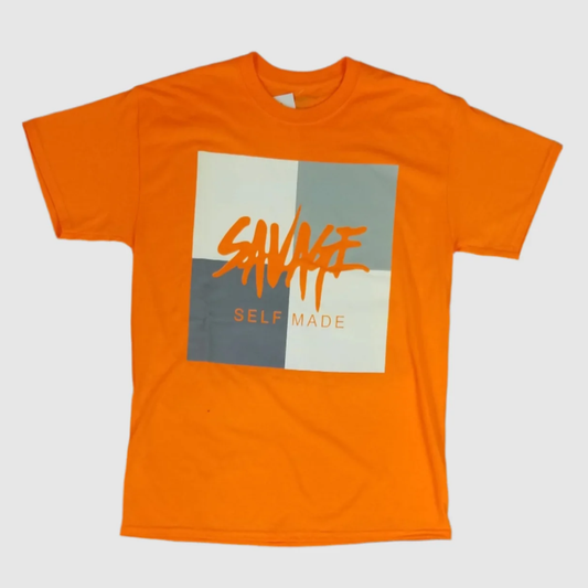 Orange t-shirt with gray and white block design and "Savage Self Made" graphic print