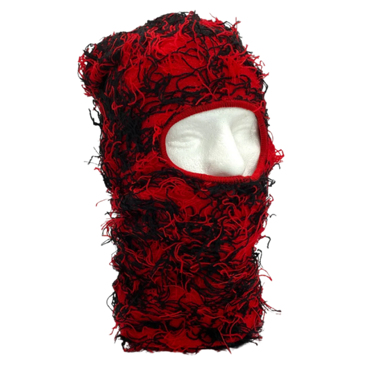 Red and black textured balaclava on a white background