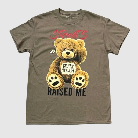 Streets Raised Me Teddy Bear Graphic Tee in brown with “Built Tough” lettering and streetwear design