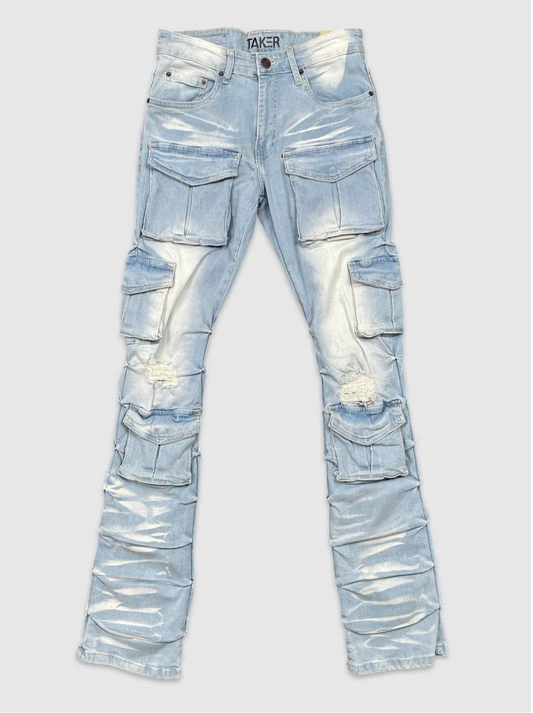Men's light blue stacked cargo jeans with distressed knees and multiple flap pockets